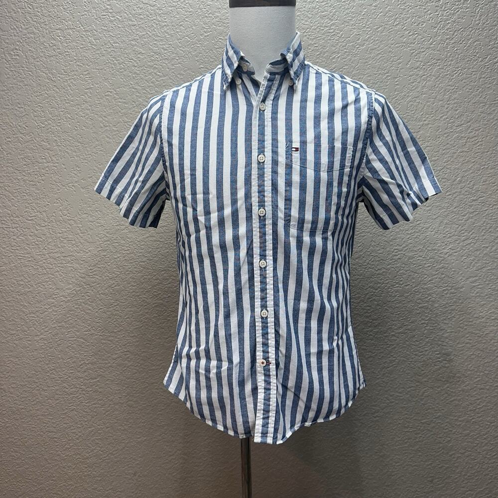 Tommy Hilfiger Jeans Shirt Mens XS Blue Skysail Striped Custom Fit 100% Cotton